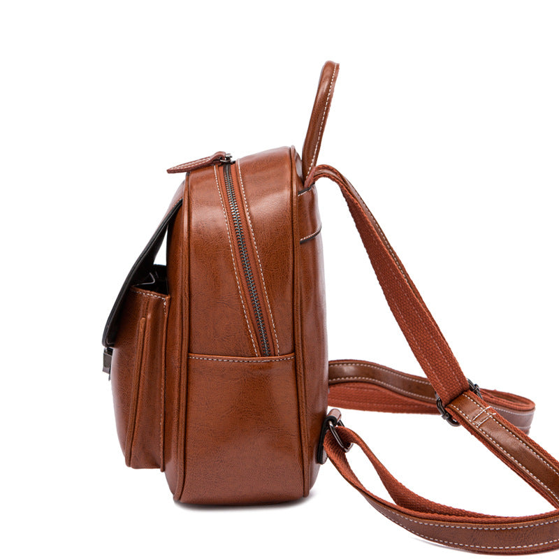 Wholesale Retro college genuine leather women' s bag waxed leather backpack
