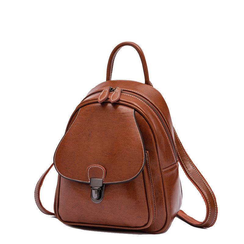 Wholesale Retro college genuine leather women' s bag waxed leather backpack