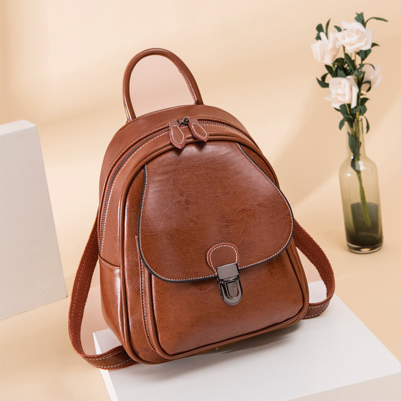 Wholesale Retro college genuine leather women' s bag waxed leather backpack