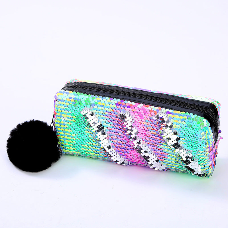 Wholesale Fur Ball Sequin Pencil Case Cosmetic Bag
