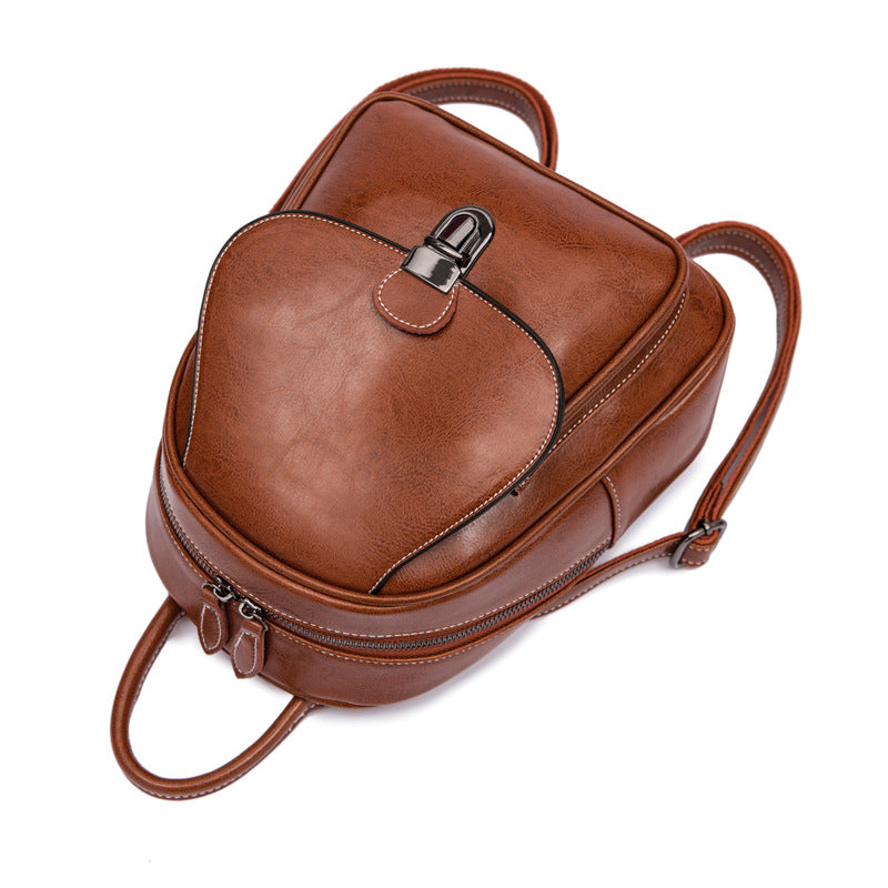 Wholesale Retro college genuine leather women' s bag waxed leather backpack
