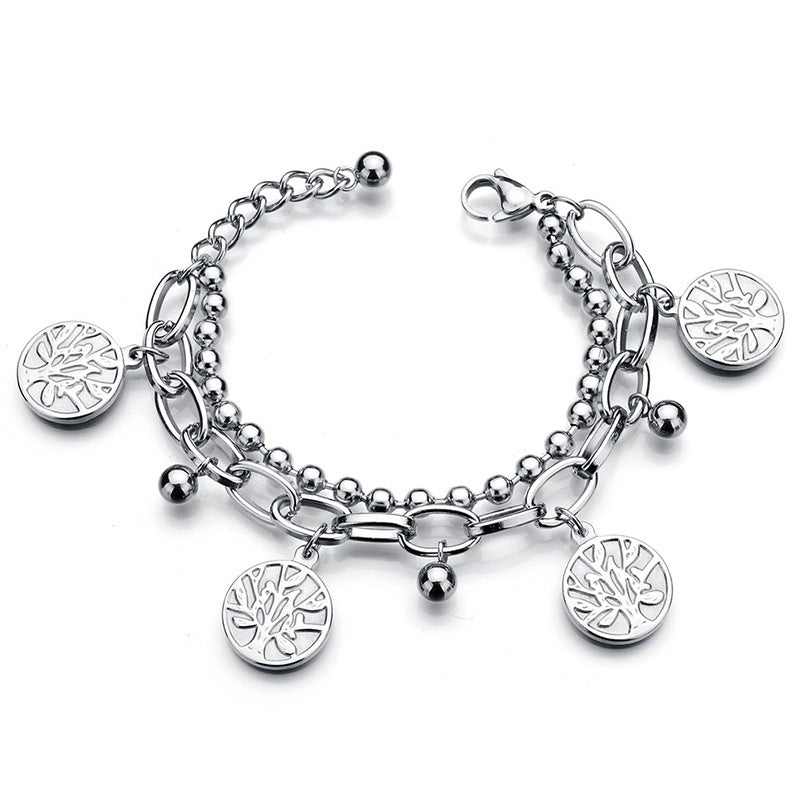 Wholesale Titanium Steel Double Layer Tree of Life Pendant Bracelet
