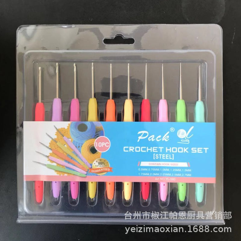 Wholesale 10pcs  TPR Soft Handle Aluminum Crochet Hook Set Colorful Lace Hook Fine Crochet Hook