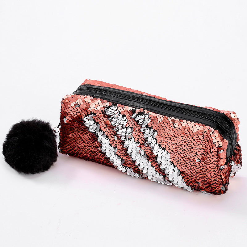 Wholesale Fur Ball Sequin Pencil Case Cosmetic Bag
