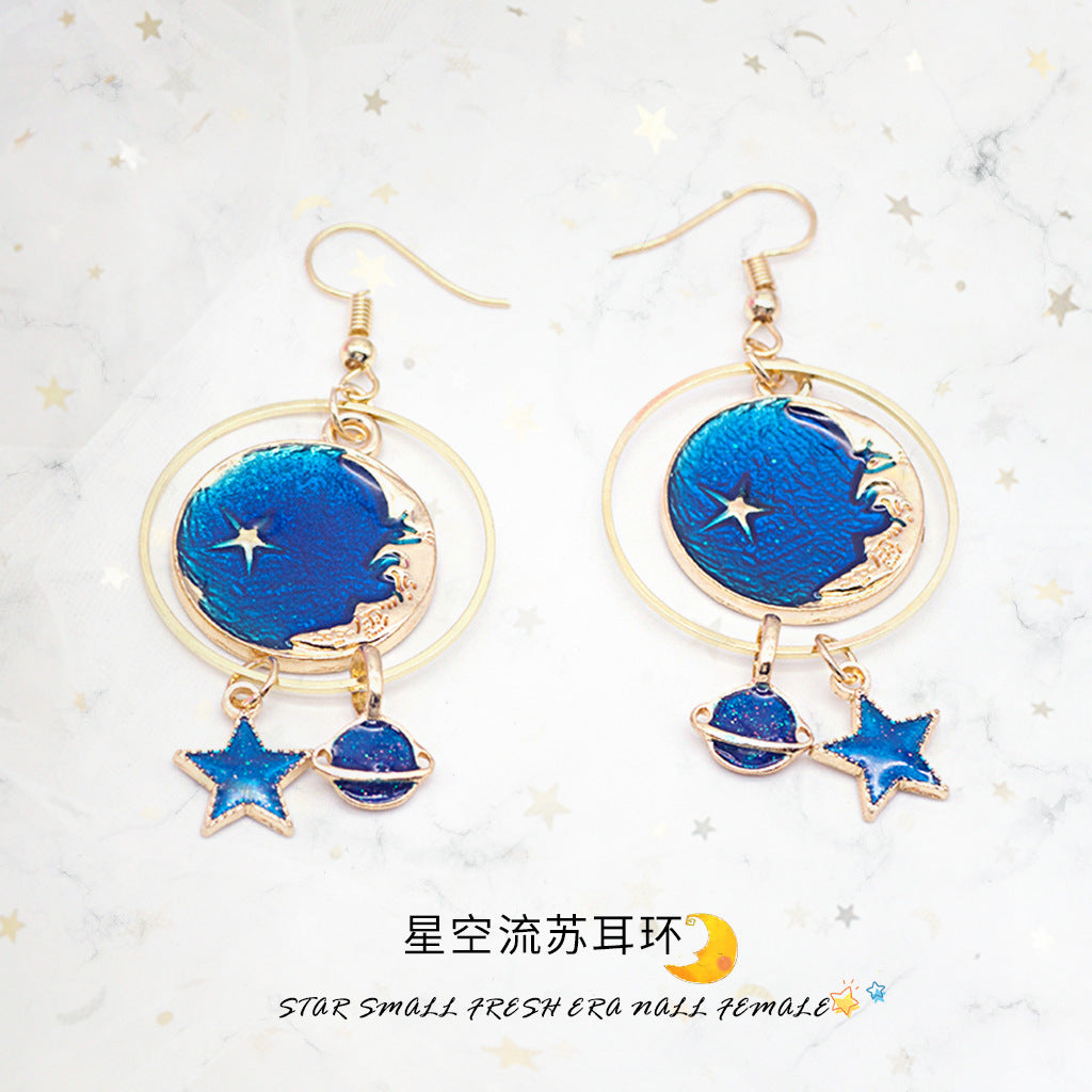 Wholesale Girl' s Heart Asymmetric Earrings Blue Star Moon Universe Planet Earrings