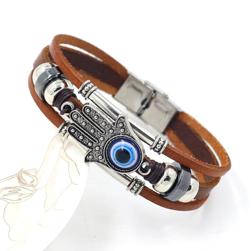 Wholesale Fatima Palm Devil Eyes Beaded Multi Layer Braided Stainless Steel Bracelet