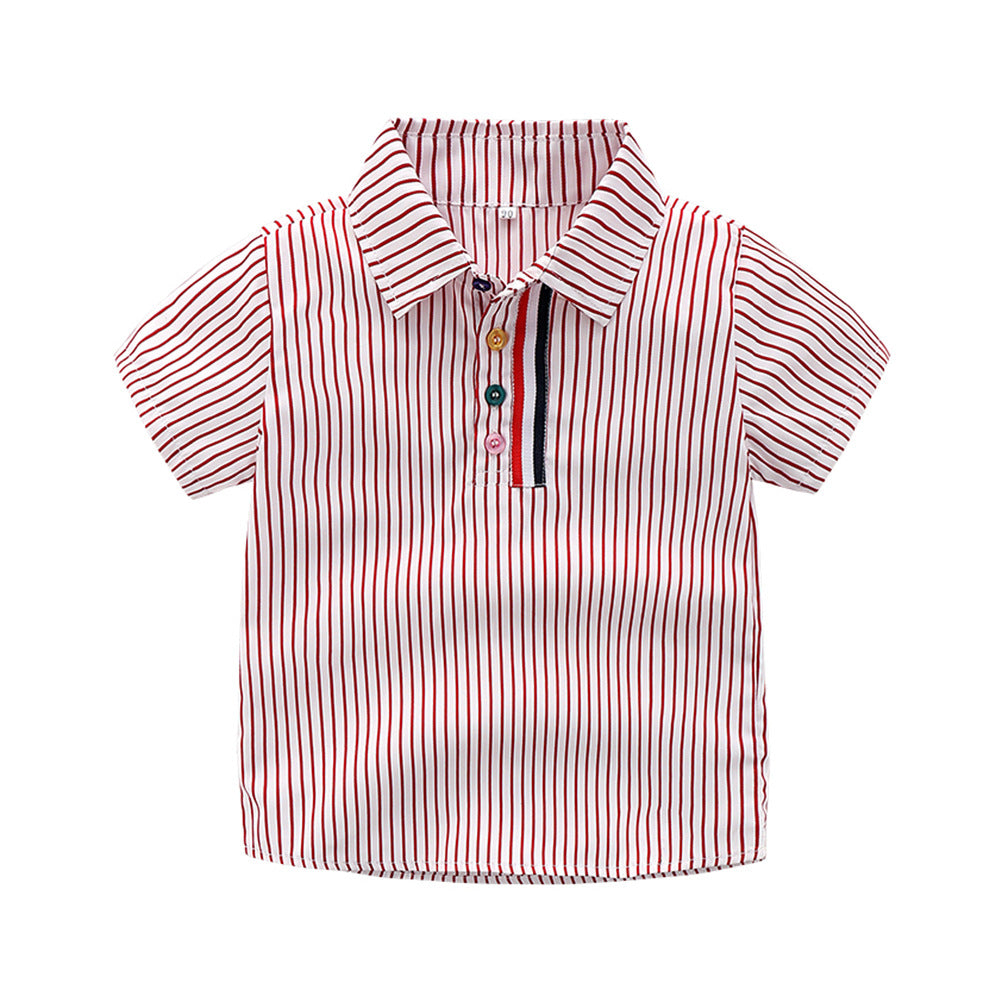 Wholesale Boys' Cotton Lapel Short Sleeved Striped Shirt Casual Pants Set