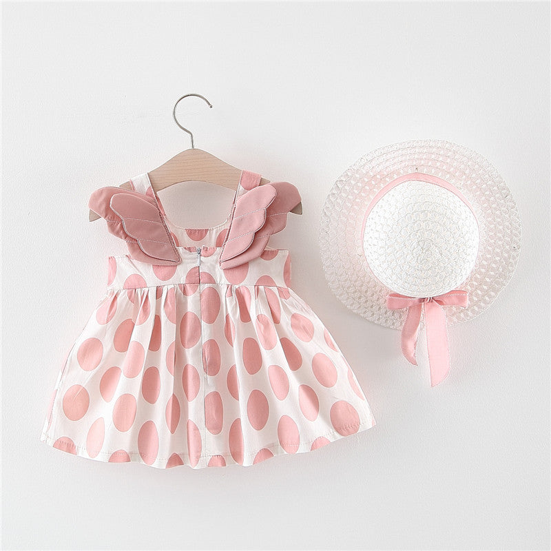 Wholesale Sweet Polka Dot Cotton Baby Girl Summer Dress With Matching Straw Hat Boutique Resale Infant Party Wear