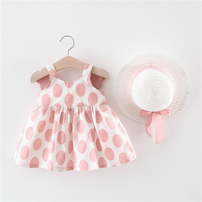 Wholesale Sweet Polka Dot Cotton Baby Girl Summer Dress With Matching Straw Hat Boutique Resale Infant Party Wear