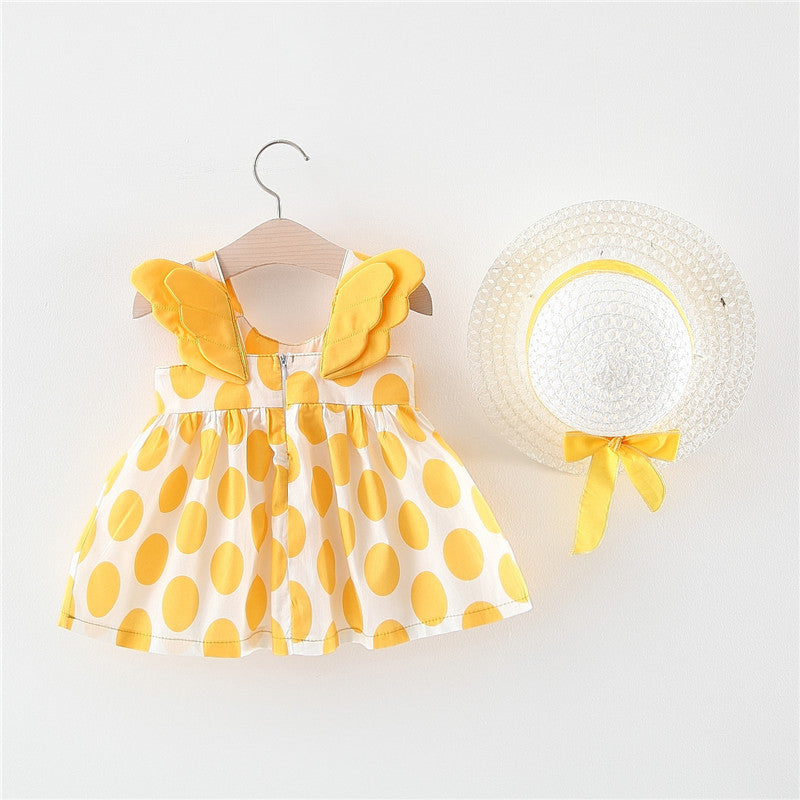Wholesale Sweet Polka Dot Cotton Baby Girl Summer Dress With Matching Straw Hat Boutique Resale Infant Party Wear