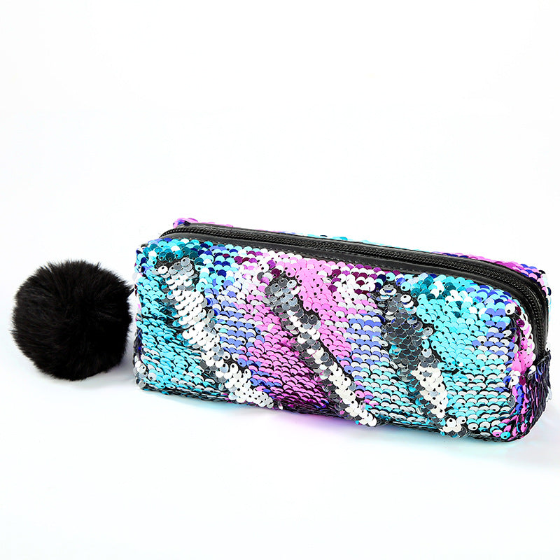 Wholesale Fur Ball Sequin Pencil Case Cosmetic Bag