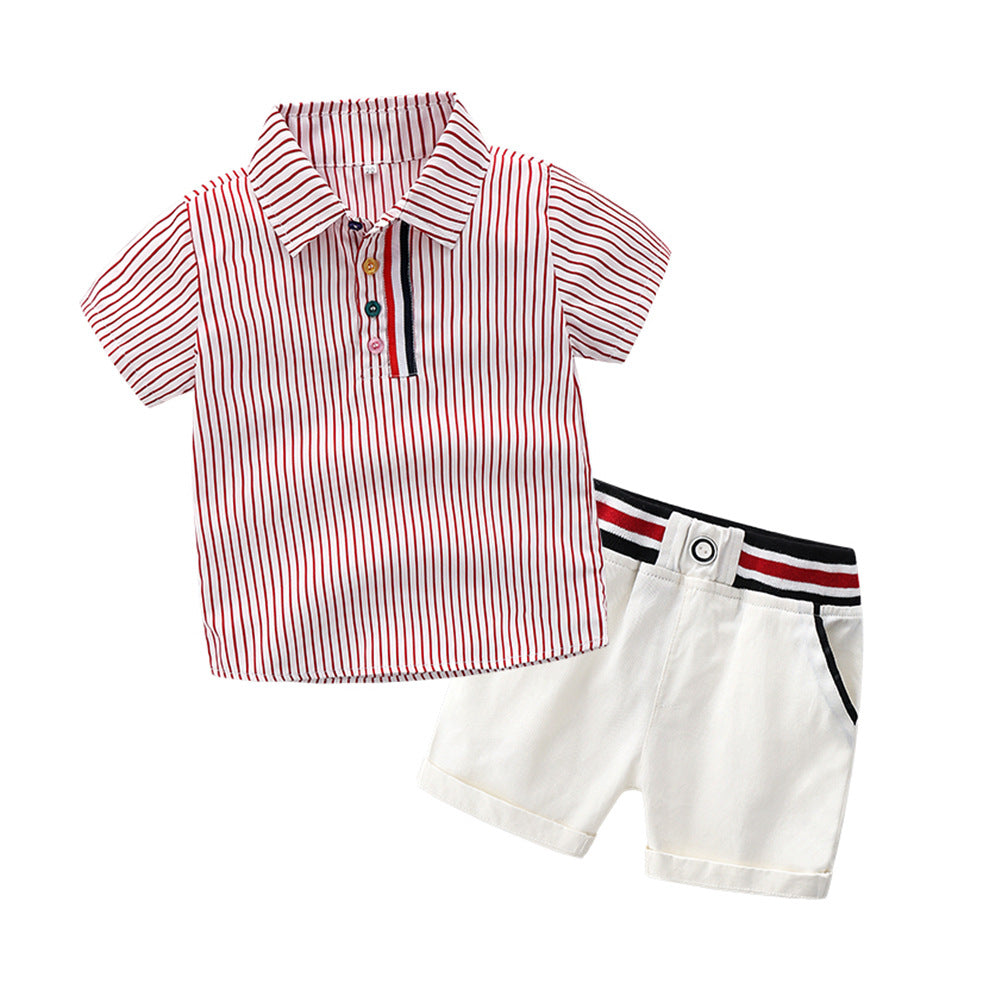 Wholesale Boys' Cotton Lapel Short Sleeved Striped Shirt Casual Pants Set