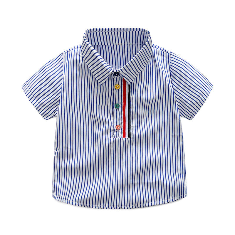 Wholesale Boys' Cotton Lapel Short Sleeved Striped Shirt Casual Pants Set