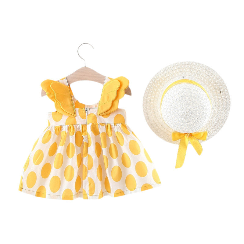 Wholesale Sweet Polka Dot Cotton Baby Girl Summer Dress With Matching Straw Hat Boutique Resale Infant Party Wear