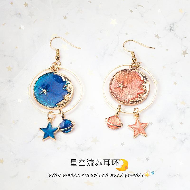 Wholesale Girl' s Heart Asymmetric Earrings Blue Star Moon Universe Planet Earrings