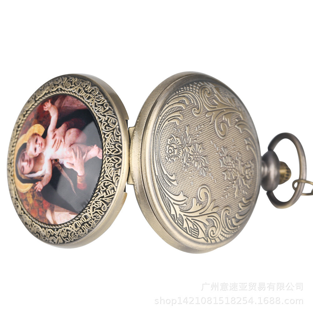 Wholesale Vintage Large Virgin Mary and Jesus Theme Quartz Pocket Watch