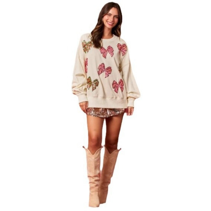 Wholesale Autumn/Winter Christmas Bow Shining Round Neck Long Sleeve Casual Women Clothes