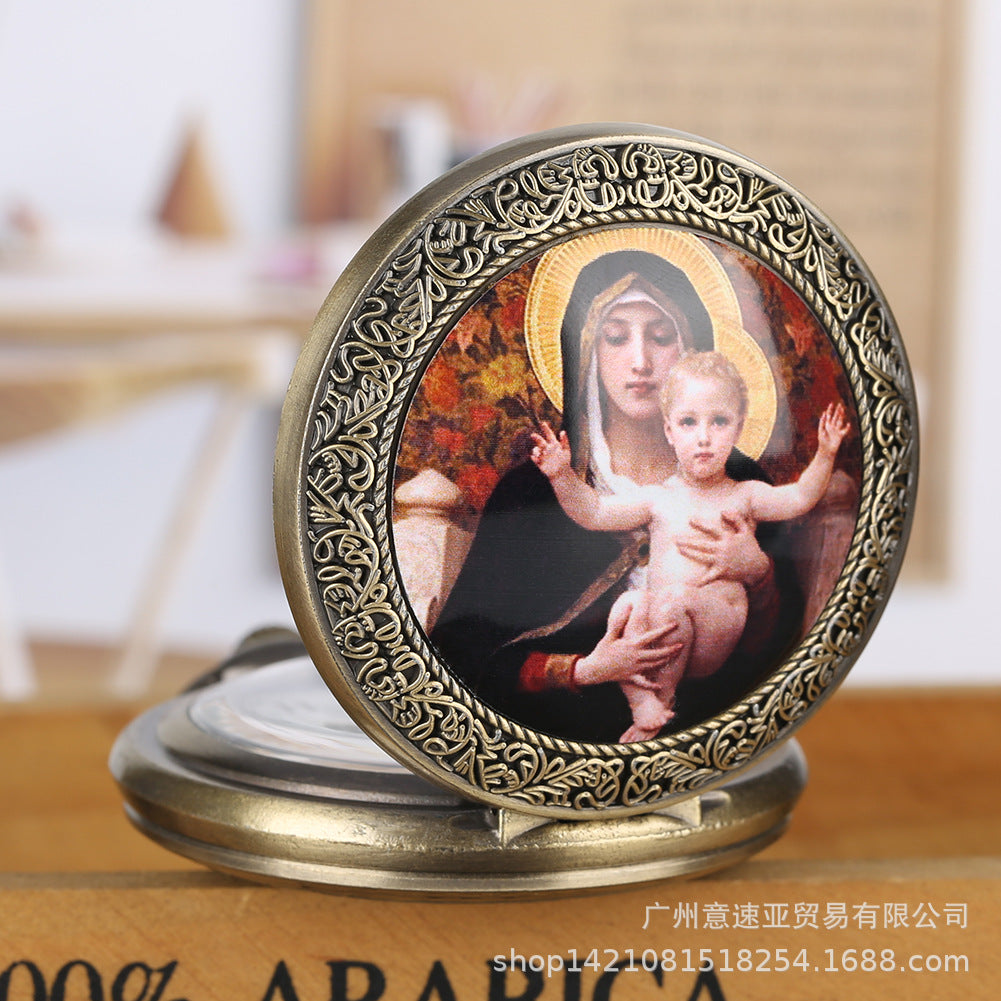 Wholesale Vintage Large Virgin Mary and Jesus Theme Quartz Pocket Watch