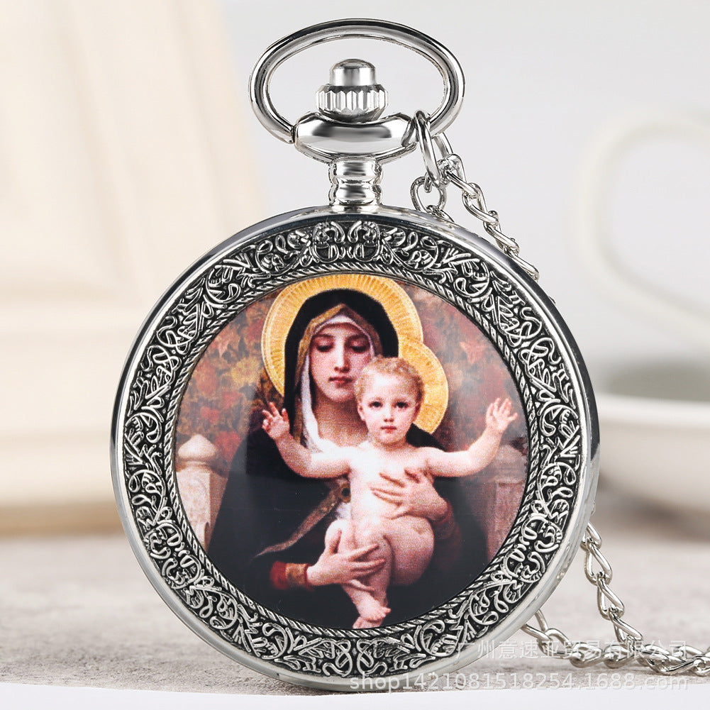 Wholesale Vintage Large Virgin Mary and Jesus Theme Quartz Pocket Watch