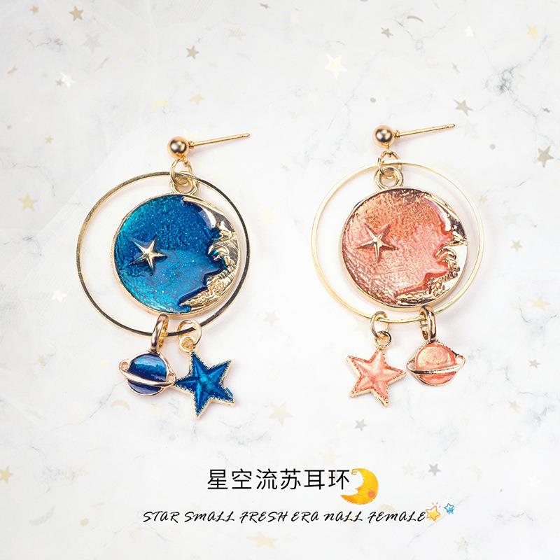 Wholesale Girl' s Heart Asymmetric Earrings Blue Star Moon Universe Planet Earrings