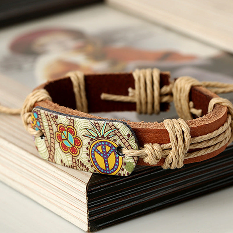 Wholesale Retro Style Heat Transfer Hemp Rope Braided Cowhide Bracelet