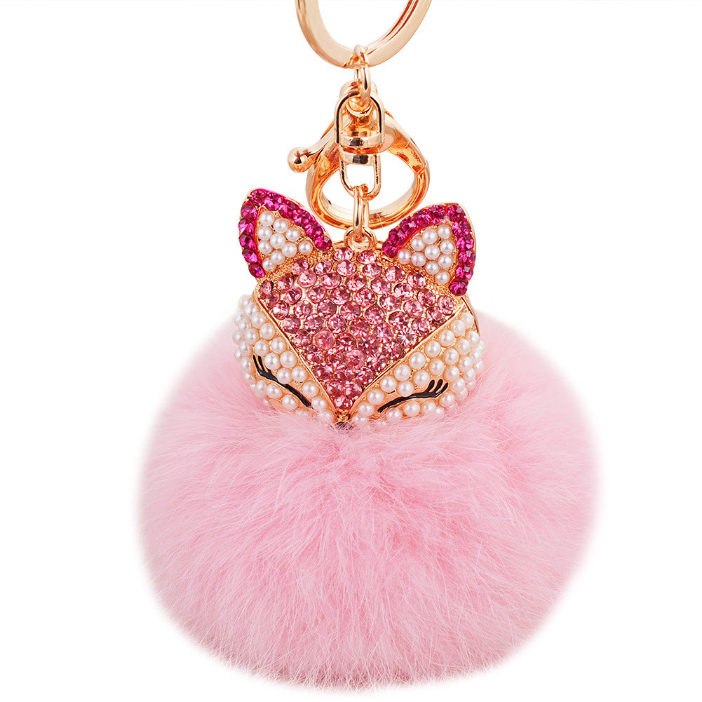 Wholesale Diamond Fox Head Rabbit Hair Hairball Zinc Alloy Keychains