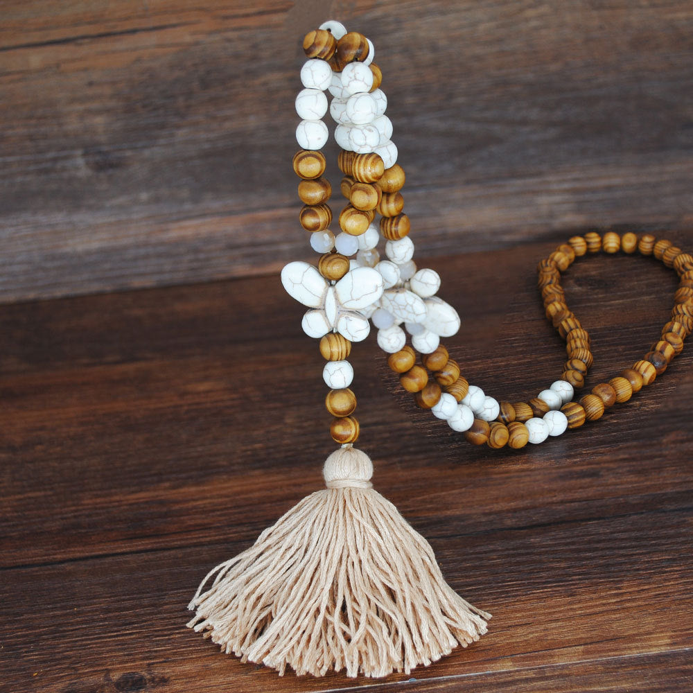 Wholesale Vintage Artistic Beach Bohemian Dress Accessories Wooden Beads Tassel Pentagonal Stars Butterfly Long Necklace