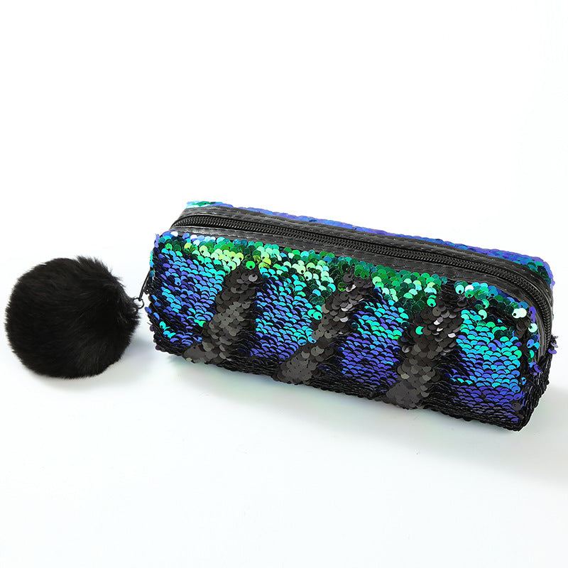 Wholesale Fur Ball Sequin Pencil Case Cosmetic Bag