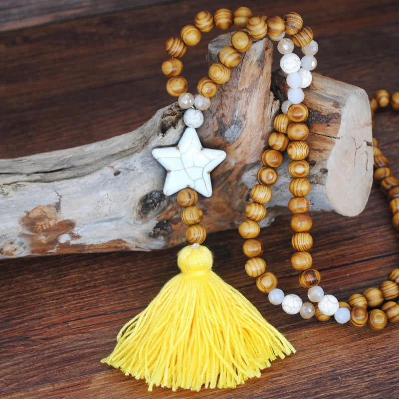 Wholesale Vintage Artistic Beach Bohemian Dress Accessories Wooden Beads Tassel Pentagonal Stars Butterfly Long Necklace