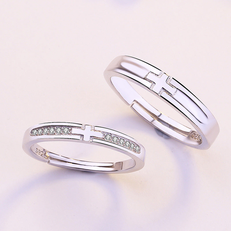 Wholesale S925 sterling silver cross couple ring female and male open ring