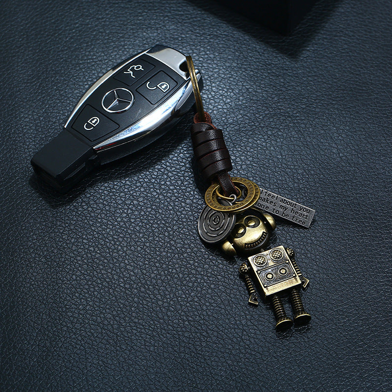 Wholesale Handwoven Genuine Leather Robot Alloy Keychain