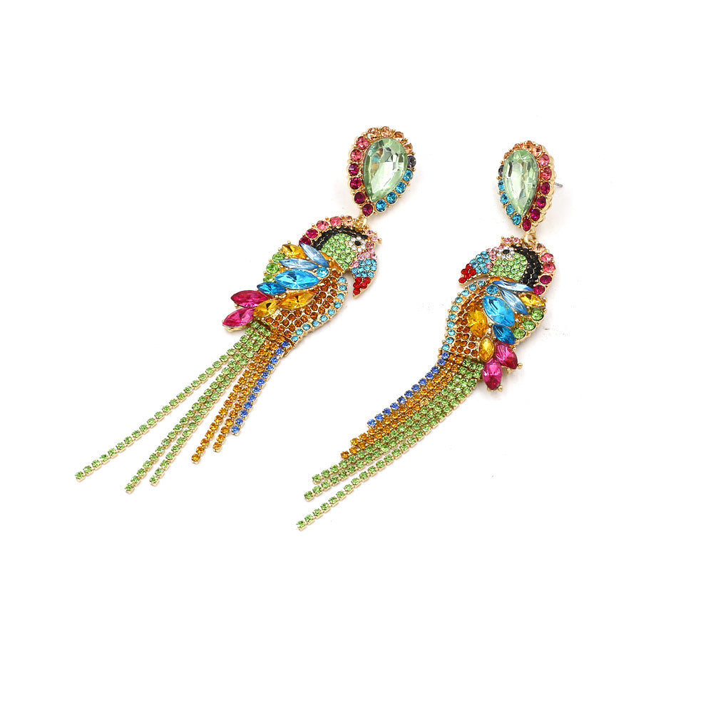 Wholesale Long Alloy Diamond Parrot Tassel Earrings