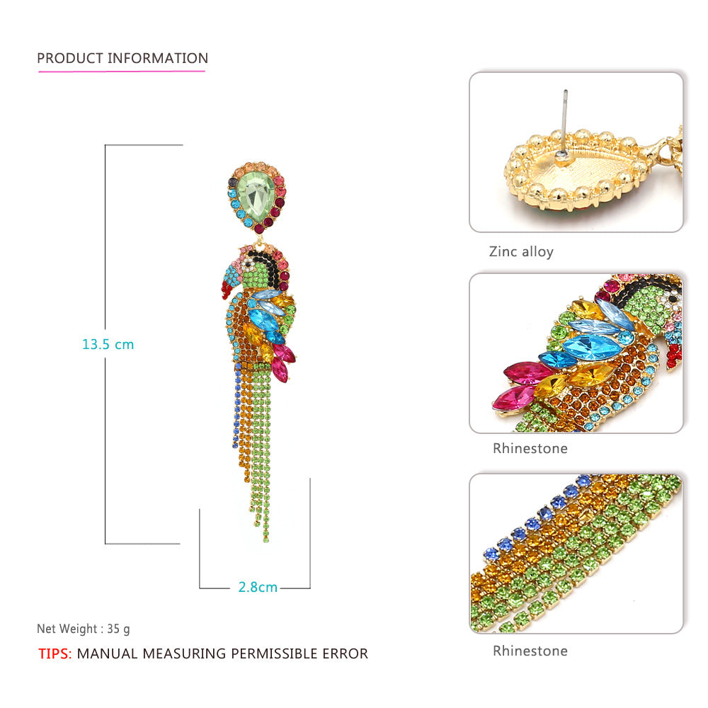 Wholesale Long Alloy Diamond Parrot Tassel Earrings