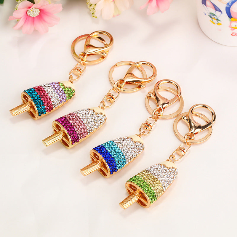 Wholesale Pearl Small Ice Cream Car Metal Key Chain Ring with Diamonds Keychain