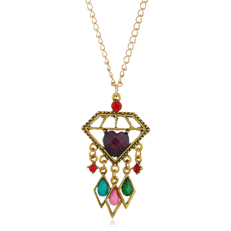 Wholesale Rhinestone Resin Vintage Tassel Long Pendant Necklace Diamond Shaped Women S Fashion Accessory