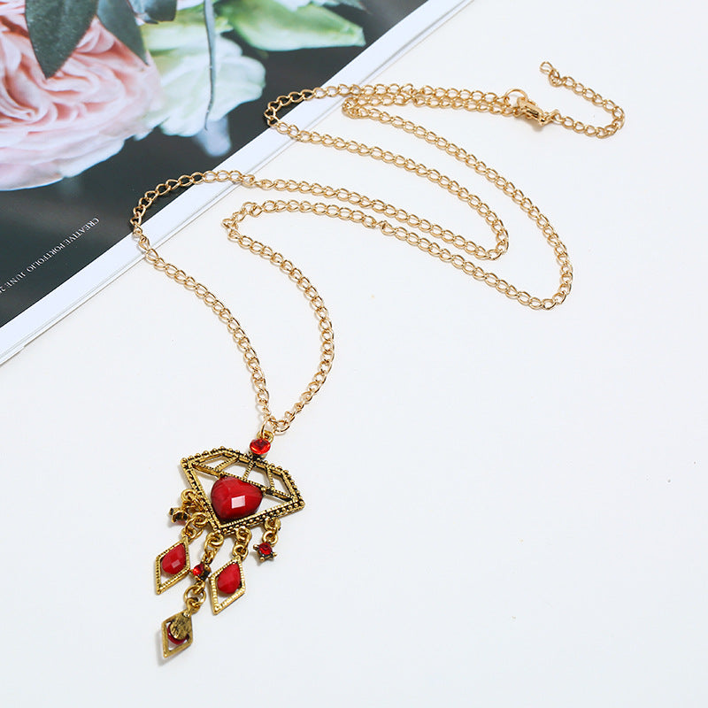 Wholesale Rhinestone Resin Vintage Tassel Long Pendant Necklace Diamond Shaped Women S Fashion Accessory