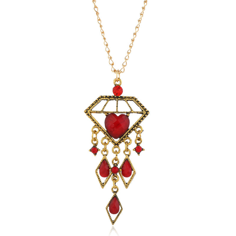 Wholesale Rhinestone Resin Vintage Tassel Long Pendant Necklace Diamond Shaped Women S Fashion Accessory