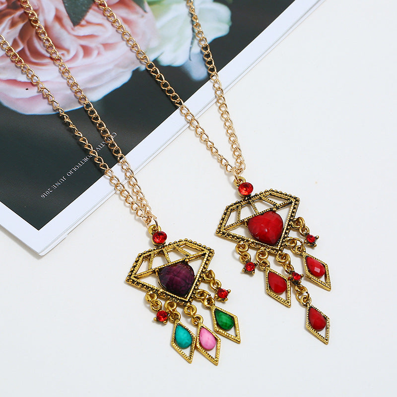 Wholesale Rhinestone Resin Vintage Tassel Long Pendant Necklace Diamond Shaped Women S Fashion Accessory