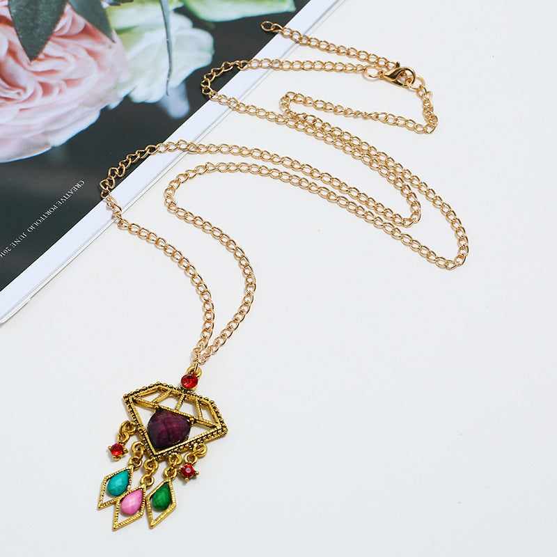 Wholesale Rhinestone Resin Vintage Tassel Long Pendant Necklace Diamond Shaped Women S Fashion Accessory