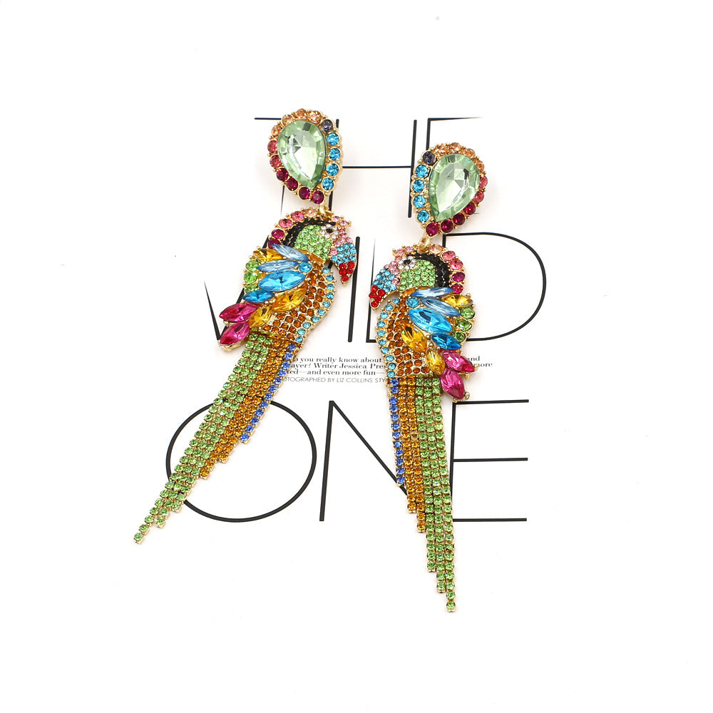 Wholesale Long Alloy Diamond Parrot Tassel Earrings