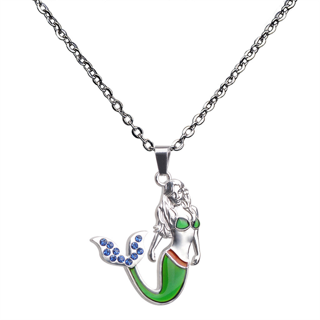 Wholesale Diamond Studded Mermaid Thermochromic Stainless Steel Necklaces