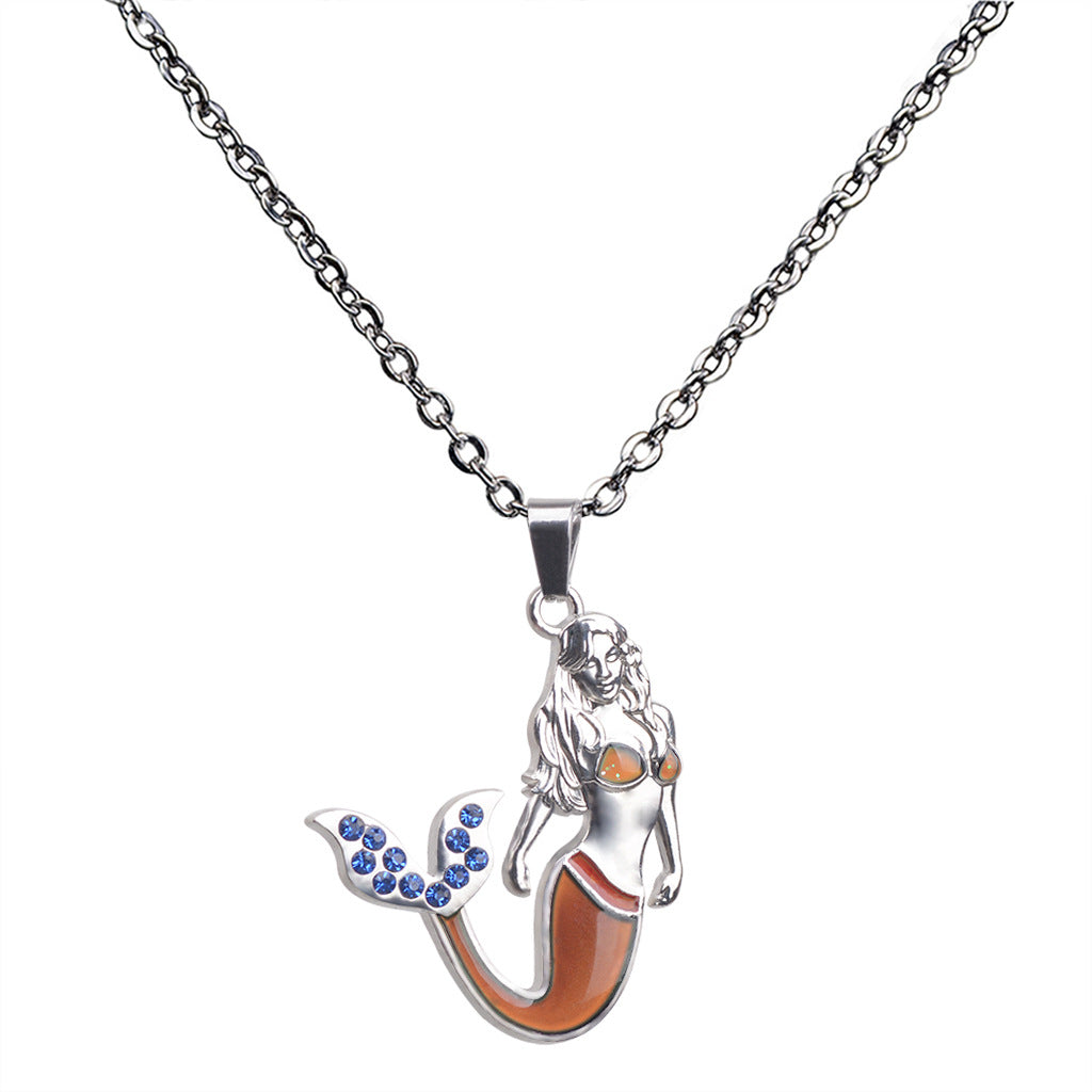 Wholesale Diamond Studded Mermaid Thermochromic Stainless Steel Necklaces