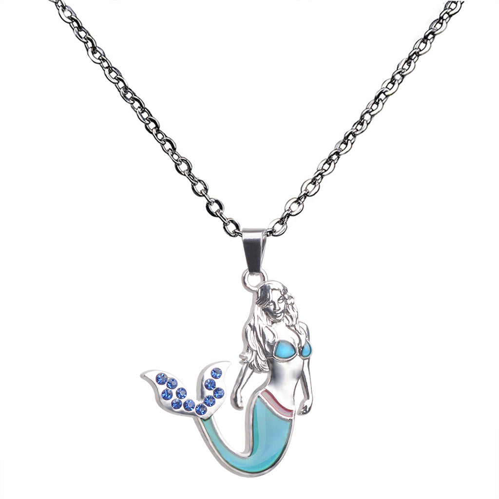 Wholesale Diamond Studded Mermaid Thermochromic Stainless Steel Necklaces