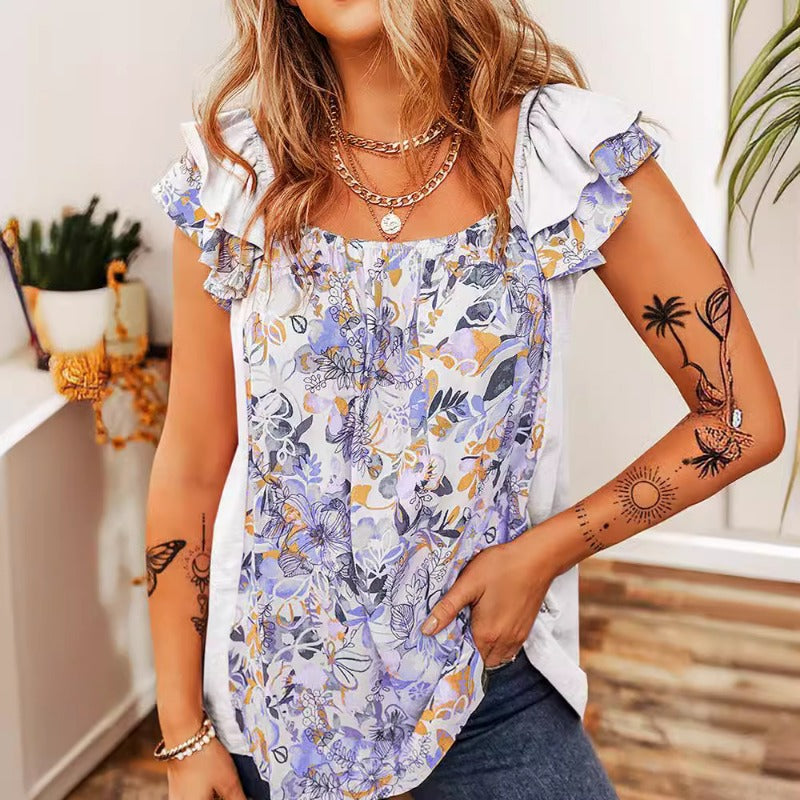 Wholesale Square Neck Back Heart Heart Floral Ruffle Sleeveless Top