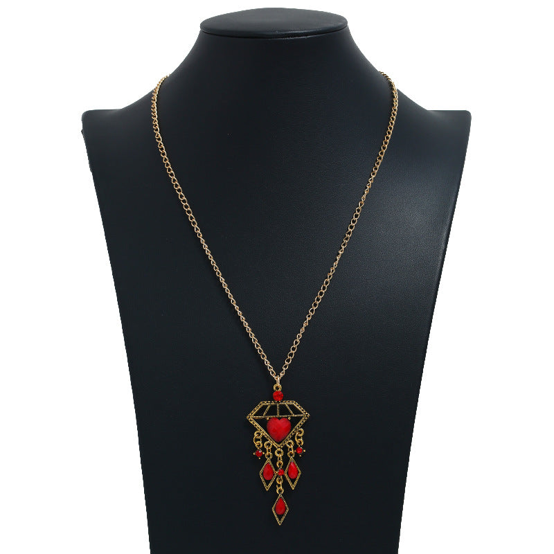 Wholesale Rhinestone Resin Vintage Tassel Long Pendant Necklace Diamond Shaped Women S Fashion Accessory