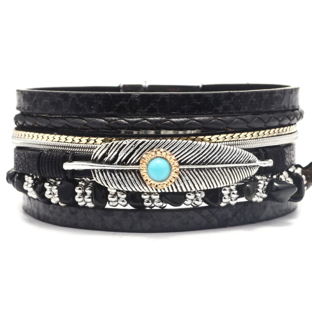 Wholesale Vintage Feather Blue Turquoise Gravel Multi-Layer Leather Bracelet