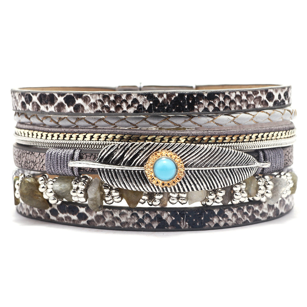Wholesale Vintage Feather Blue Turquoise Gravel Multi-Layer Leather Bracelet