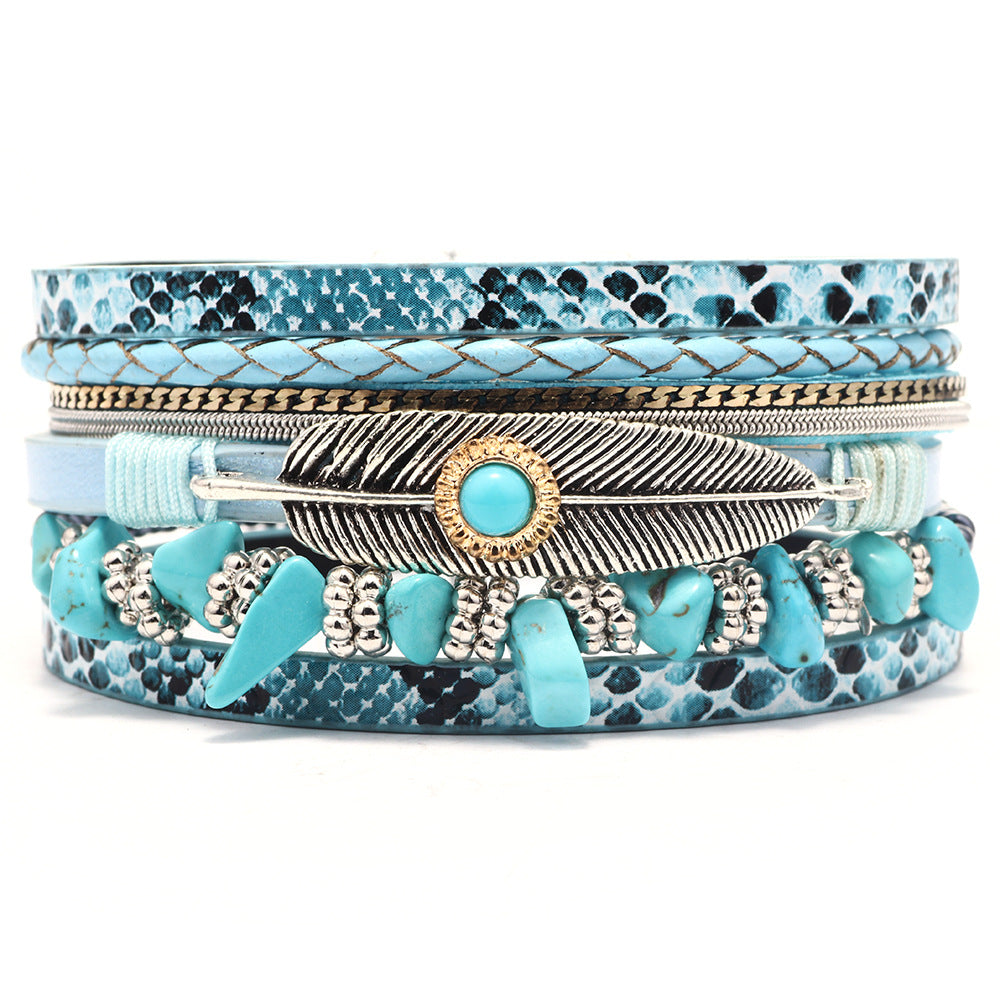 Wholesale Vintage Feather Blue Turquoise Gravel Multi-Layer Leather Bracelet