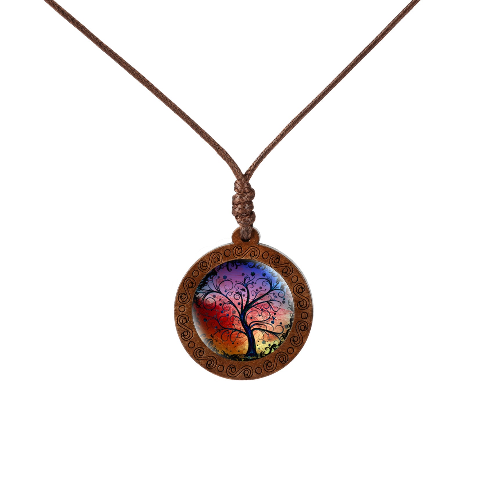 Wholesale Wood Tree of Life Time Gemstone Glass Pendant Necklace