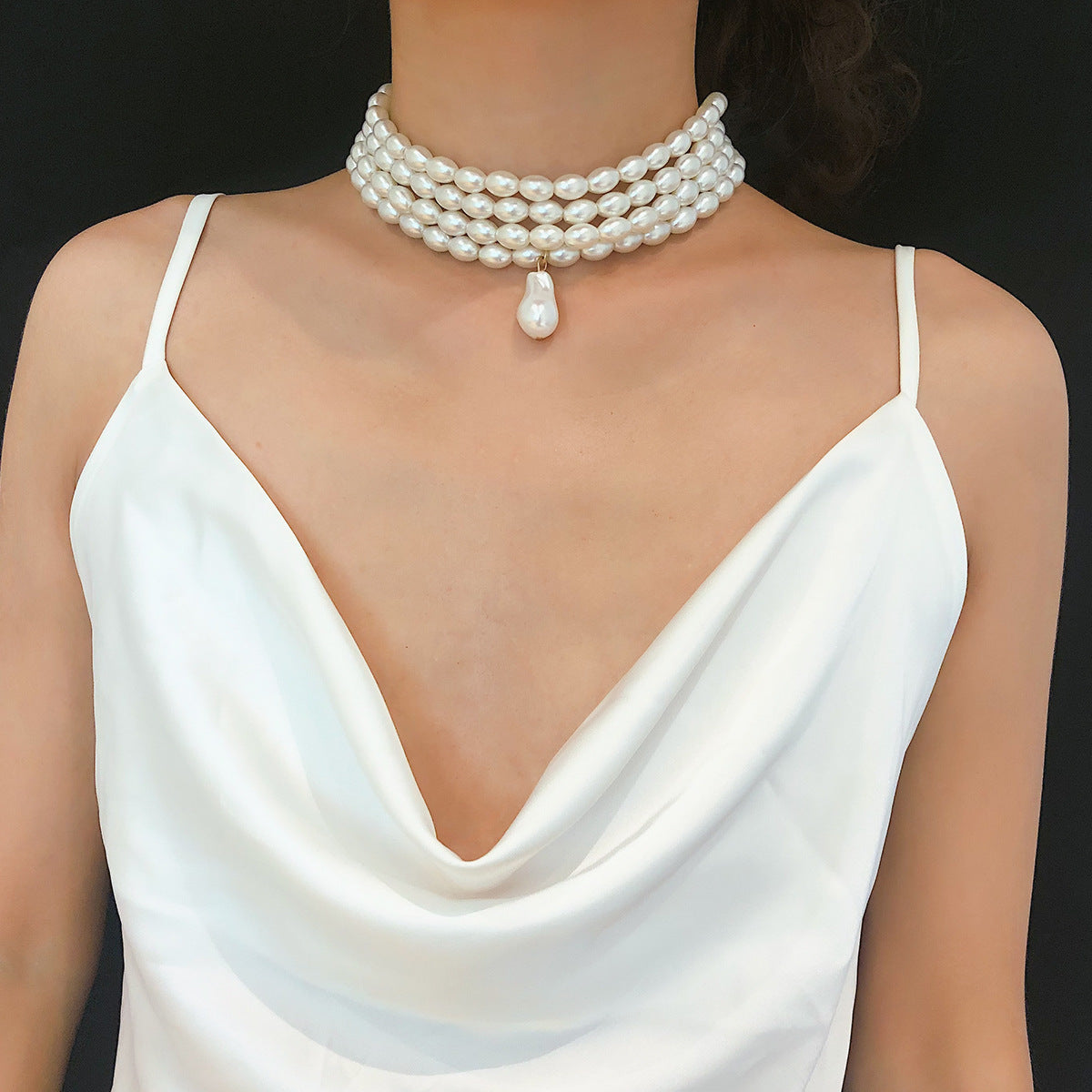 Wholesale Circular Geometric Multi-layer Rice Shaped Pearl Necklaces